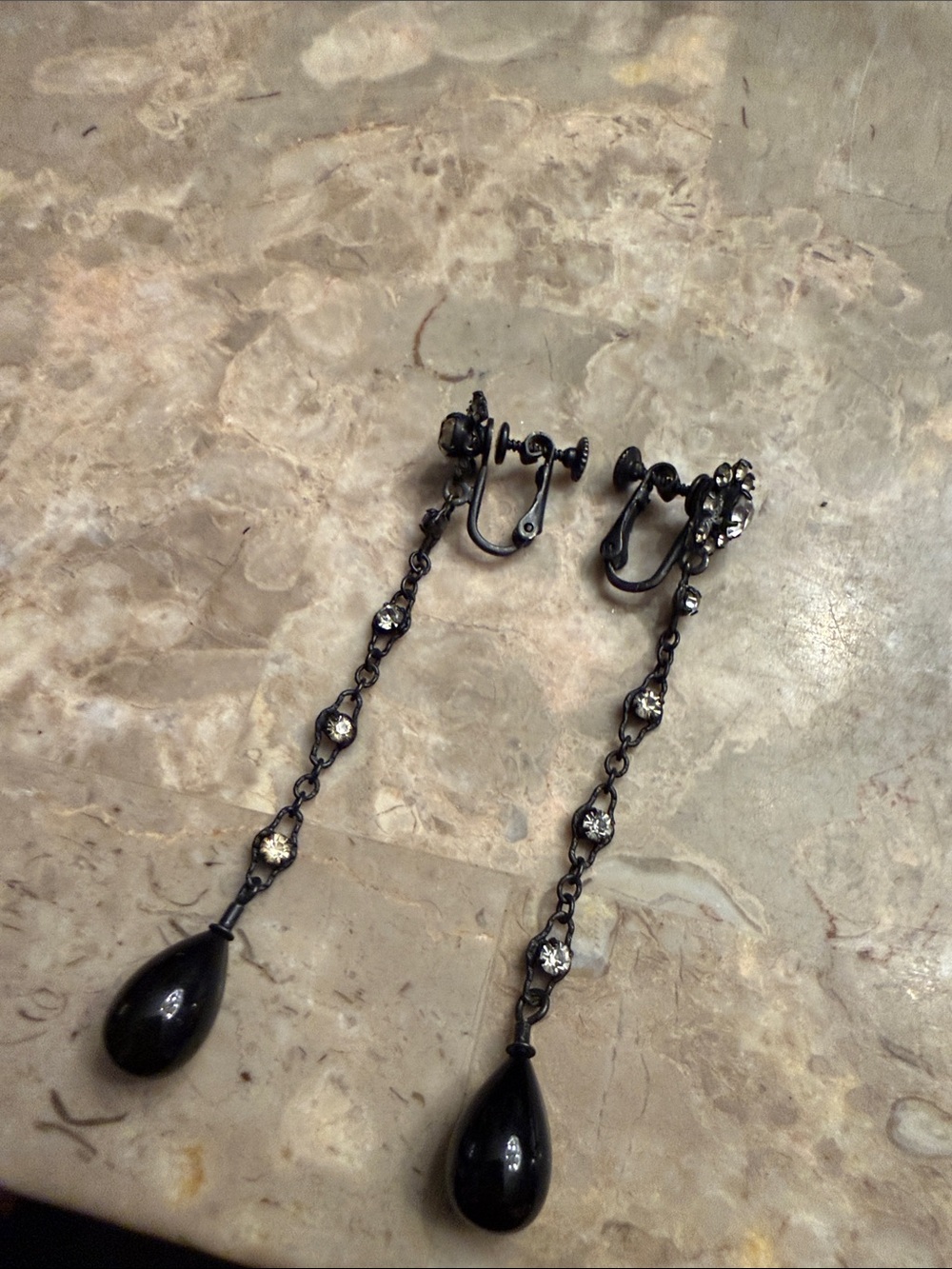 Vintage 1960s black metal glass and rhinestone long drop comfort clip earrings